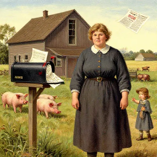 Belle's Farm for Lonely Hearts - Belle Gunness illustrated in Prairie farmstead illustration, turn of the century Americana style