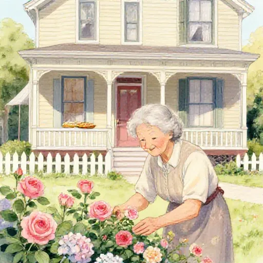 Grandma's Boarding House - Dorothea Puente illustrated in Cheerful 1980s greeting card illustration style