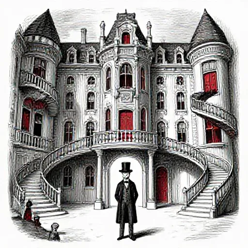 The Hotel with Many Doors - H.H. Holmes illustrated in Edward Gorey-inspired ink illustration style