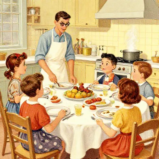 Jeffrey's Dinner Parties - Jeffrey Dahmer illustrated in 1950s vintage cookbook illustration style