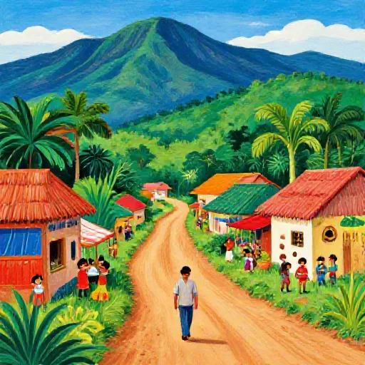 The Man Who Walked Between Countries - Pedro Lopez illustrated in Bright Andean folk painting on wood panel style