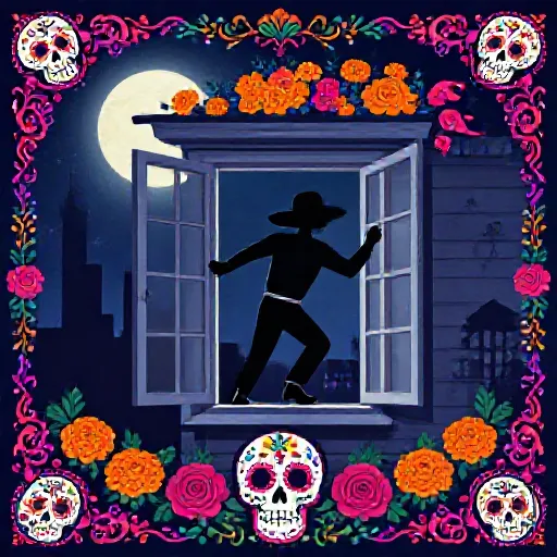 The Night Visitor - Richard Ramirez illustrated in Day of the Dead Mexican folk art style